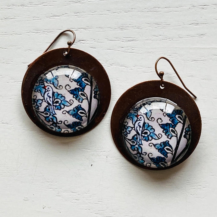 White & Blue Patachitra Bird Copper Earrings