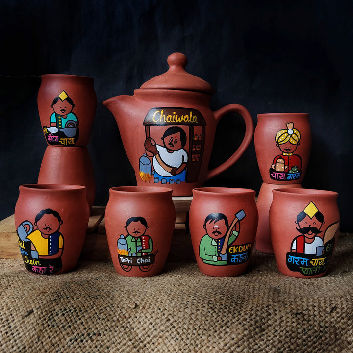 Handpainted Clay Chaiwala Tea Set with Kulhads & Teapot