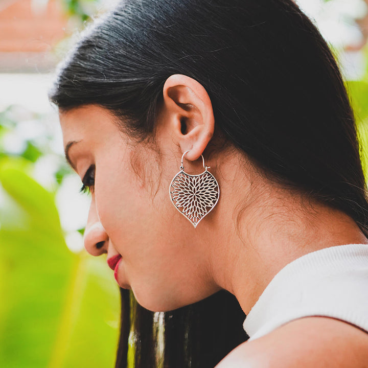 Handmade Brass Modern Hoop Earrings - Leafy Drop Pattern