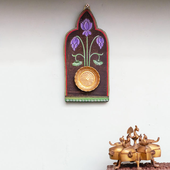Handpainted Wooden Wall Art with Brass Ornament - Lavender Green