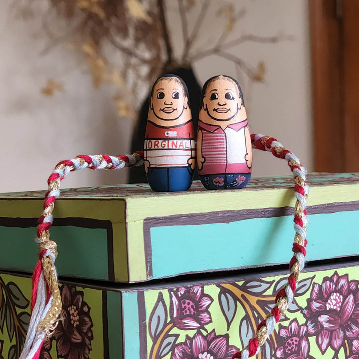 Photo Customized Wooden Siblings Rakhi with Roli Chawal - 2 Dolls