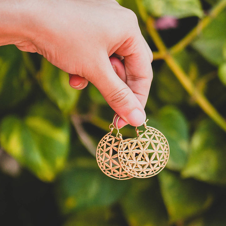 Handmade Brass Modern Hoop Earrings - Floral Pattern