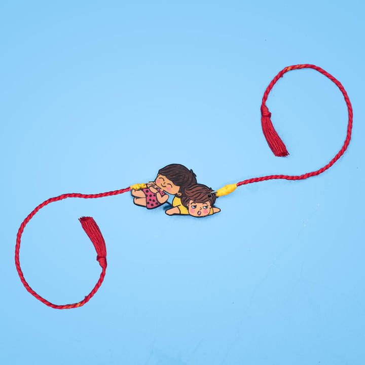 Handpainted Sibling Illustration Rakhi With Roli Chawal