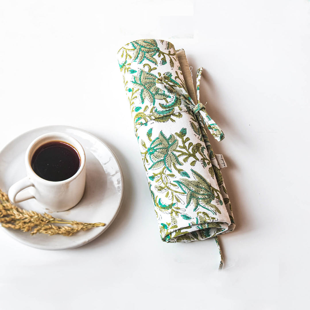 Hand-stitched Cotton Fabric Green Floral Roll Up Case