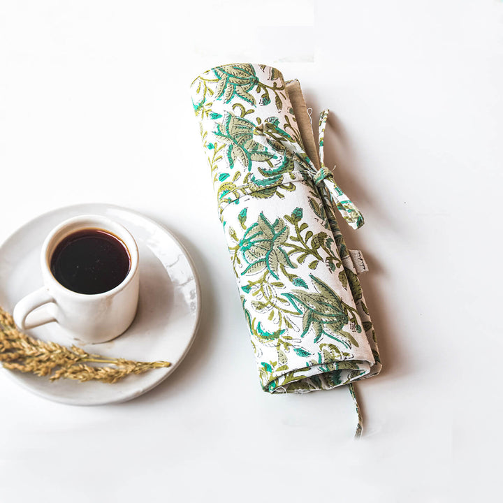 Hand-stitched Cotton Fabric Green Floral Roll Up Case