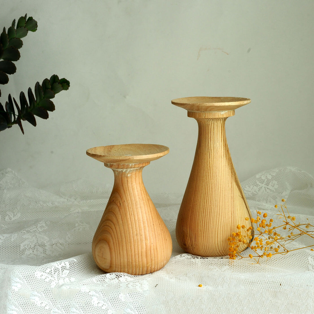Handcrafted Rustic Rubber Wood Candle Holders | Set Of 2
