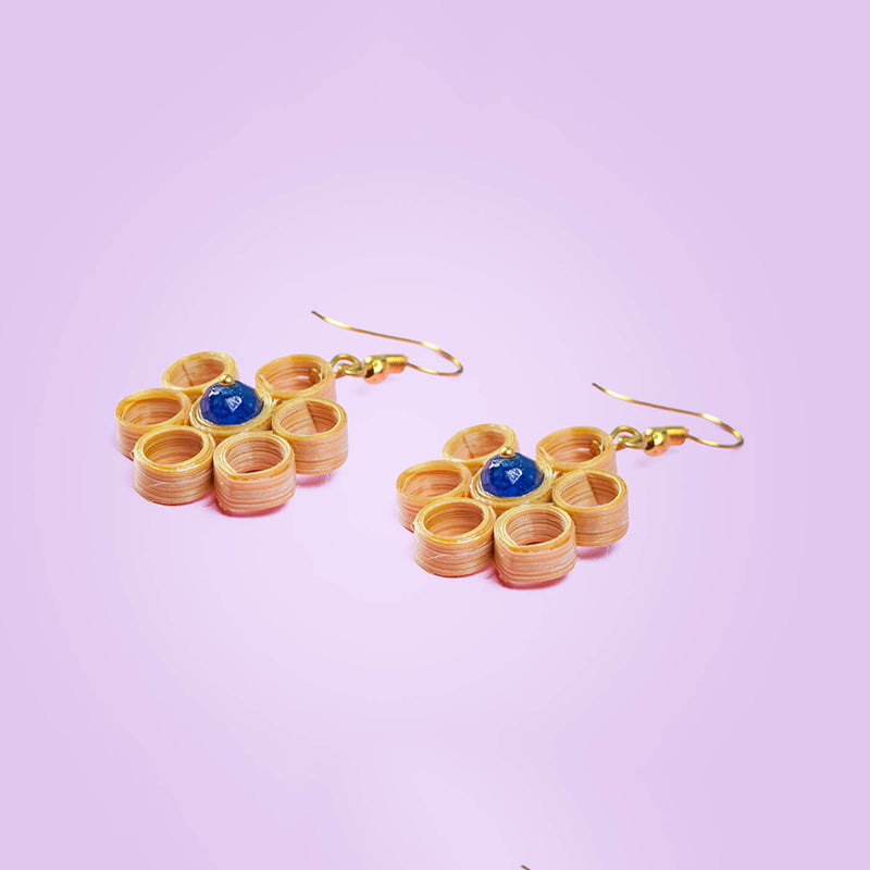 Flower-Shaped Handcrafted Bamboo Earrings with Blue Bead