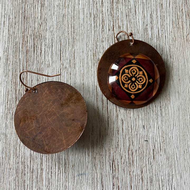 Brown Minton Tile Copper Earrings - Flower