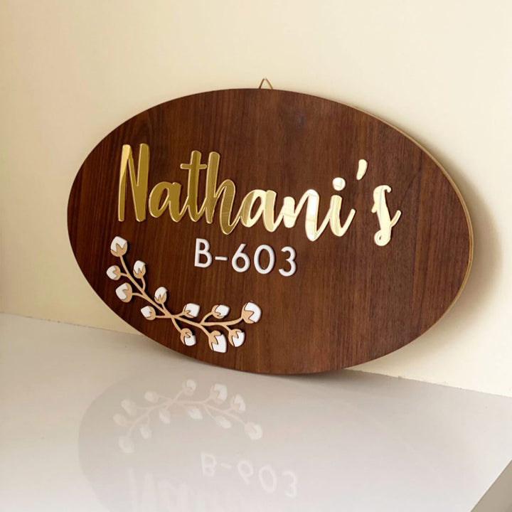 Personalised Wooden Oval Floral Nameplate