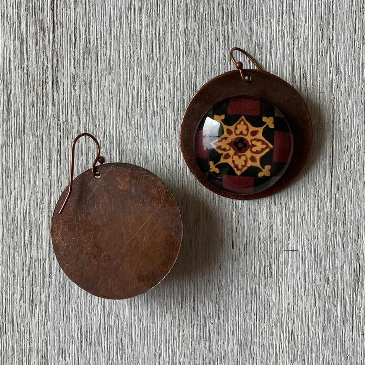 Black Minton Tile Copper Earrings - Flower