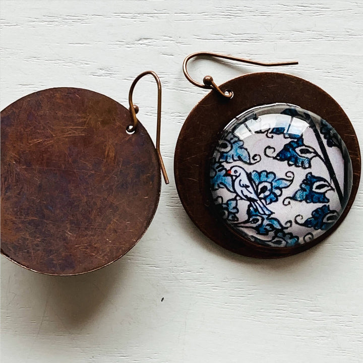 White & Blue Patachitra Bird Copper Earrings