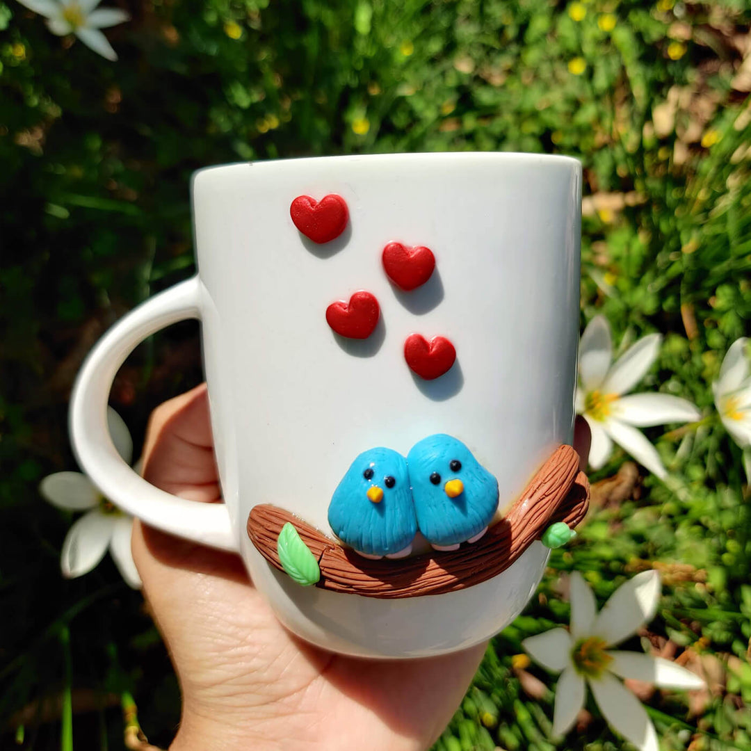 Handcrafted Clay Mug for Couples - Love Birds