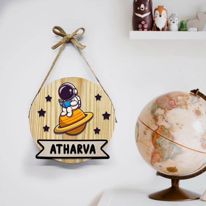 Kids Circular 3D Dino Astronaut Themed Name Plate With Lights - Hanging on Wall with Bow Knot