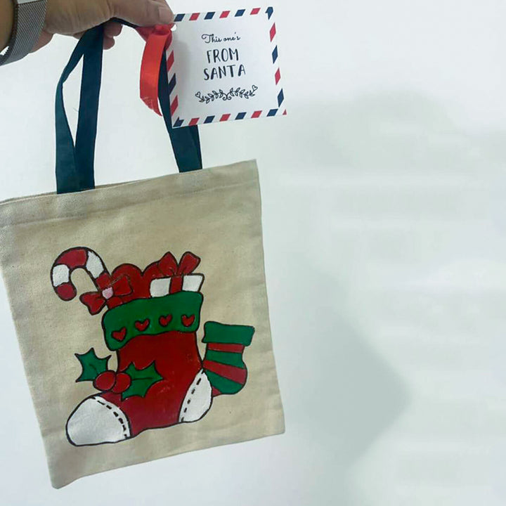 Ready-To-Paint Stocking Print Small Sized Canvas Goodies Bag | Secret Santa Gift Ideas | Set Of 10