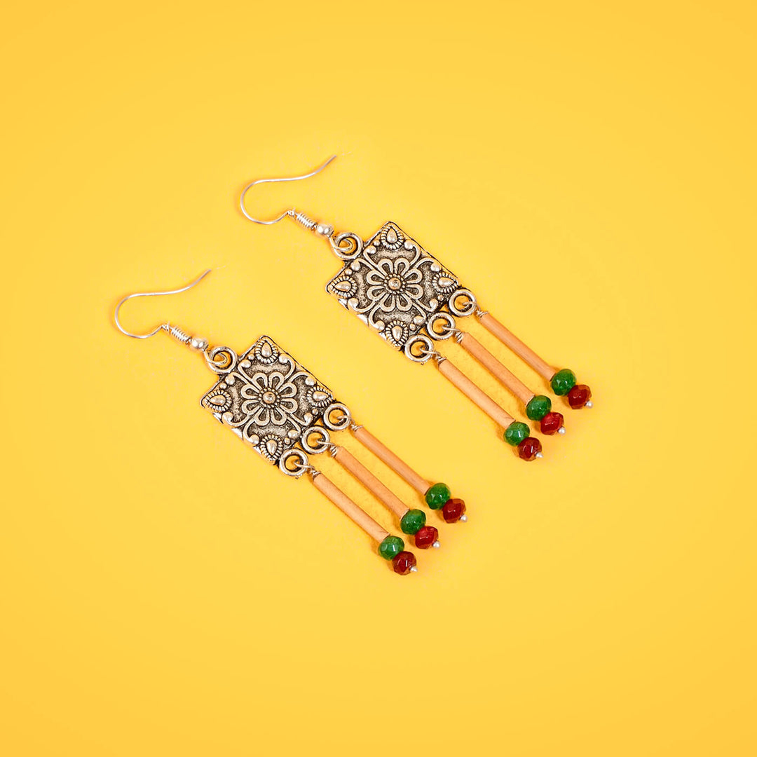 Small Square Bamboo Earrings - Green & Red