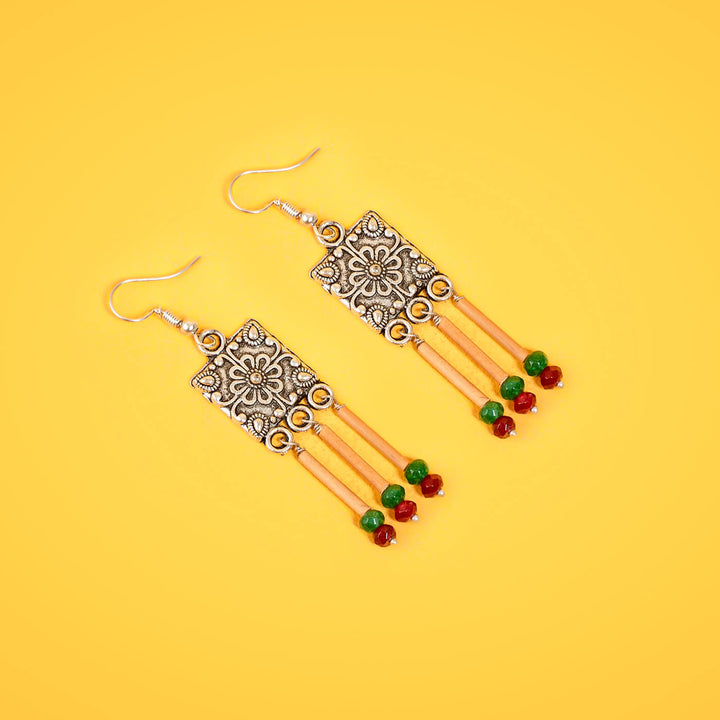 Small Square Bamboo Earrings - Green & Red
