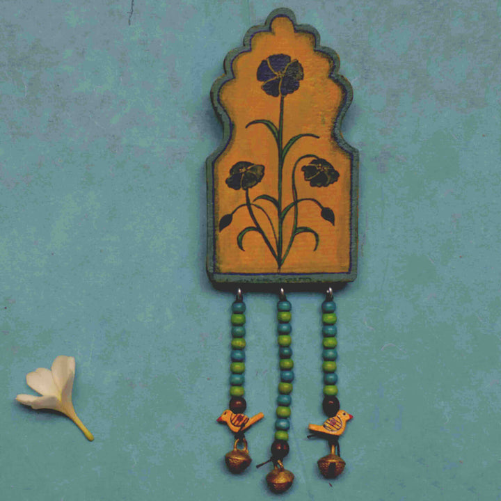 Handpainted Flower Wooden Wall Art with Wooden Beads and Brass Ornament - Blue Yellow