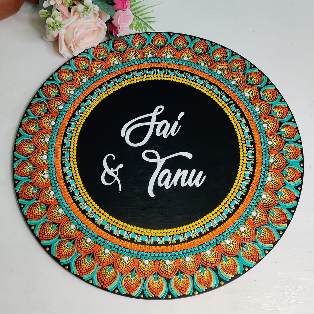 Handpainted Circular Mandala Dot Art Nameplate for Couples