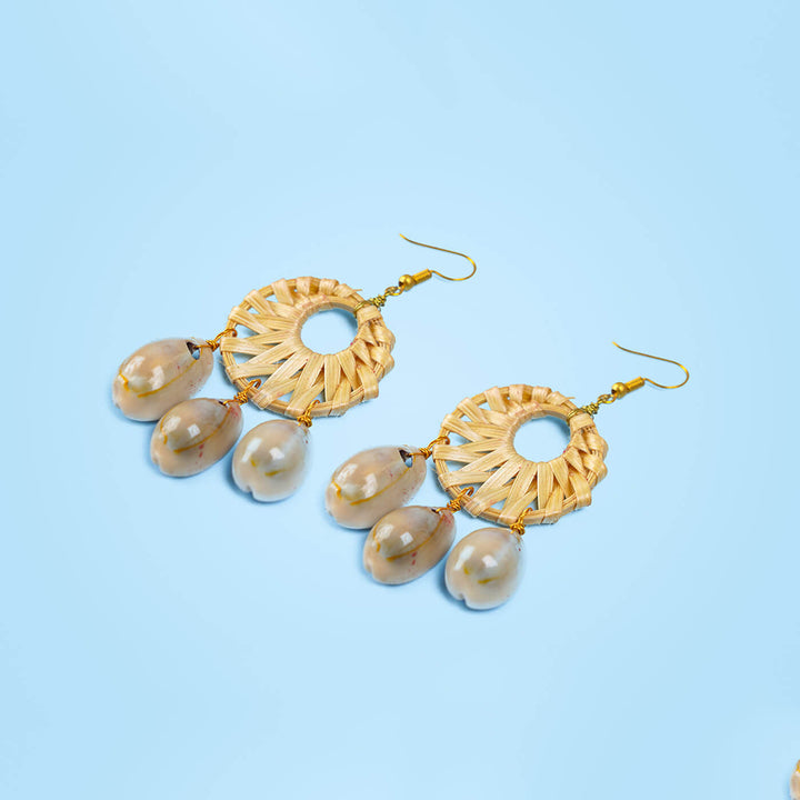 Round Woven Bamboo Earrings with Shells