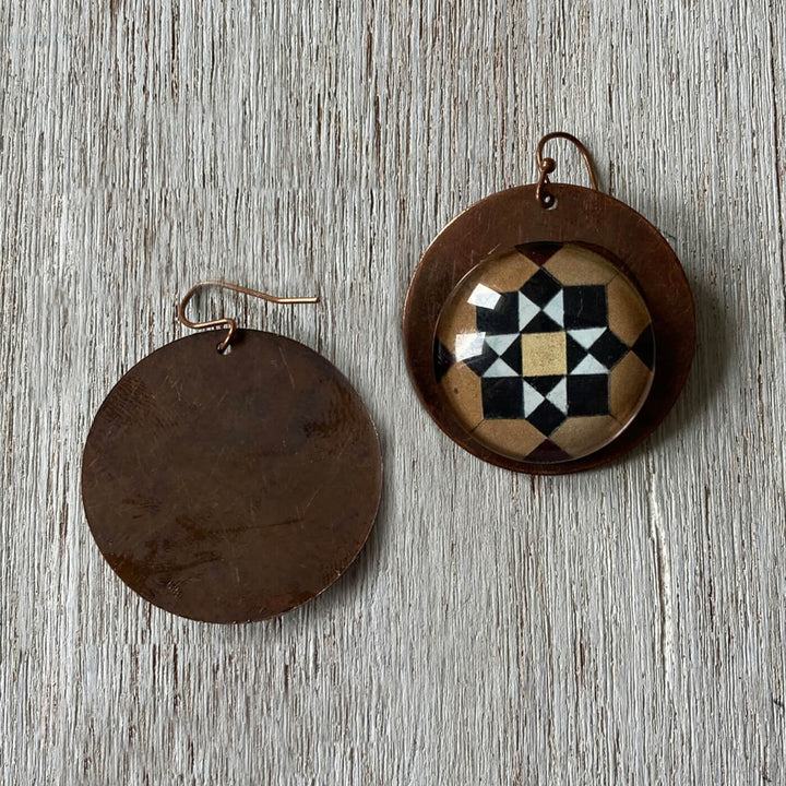 Brown Minton Tile Copper Earrings - Geometeric