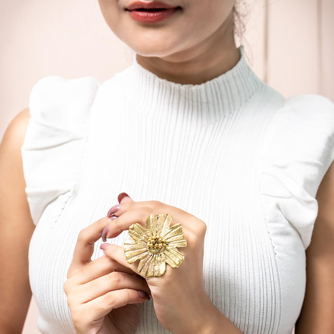 Adjustable Flower Design Dhokra Ring