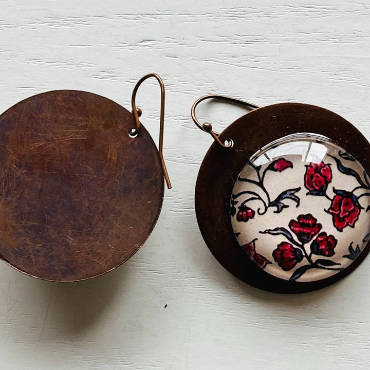 White & Red Poppy Copper Earrings