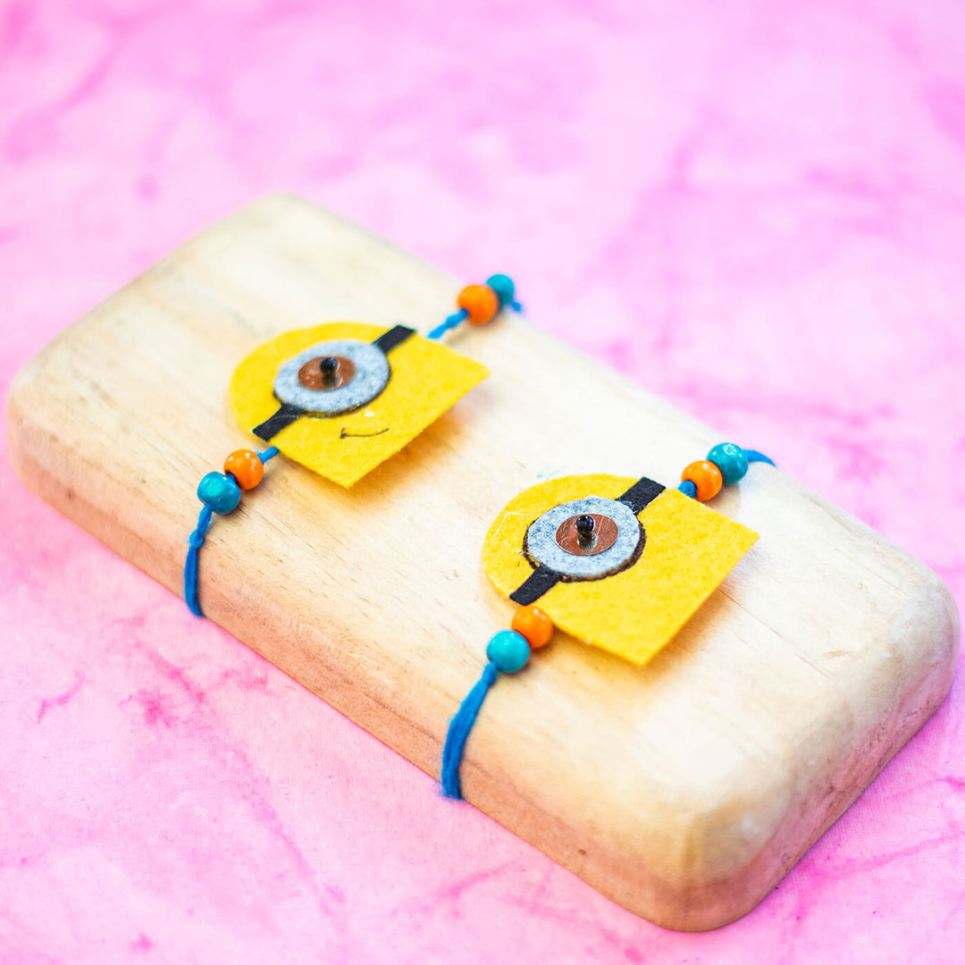 Kids Rakhi Set Minion Printed Mask - Front View of Bracelets