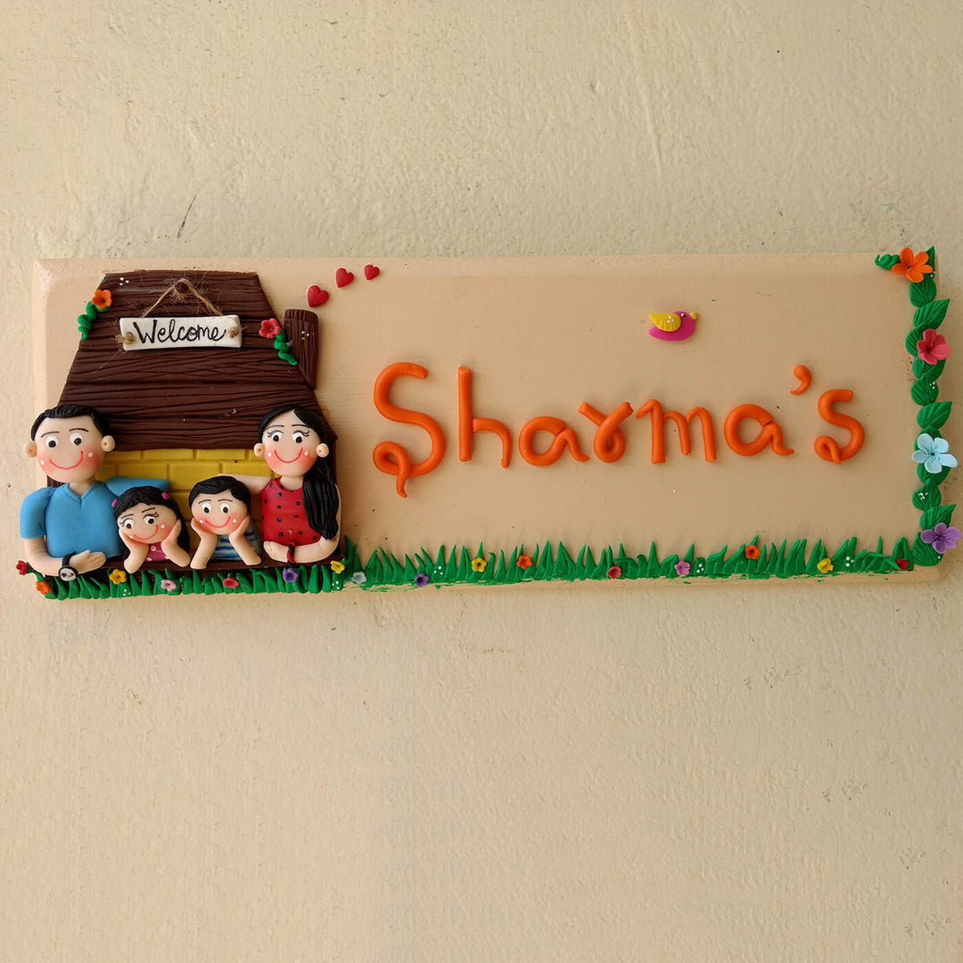 Personalised Gharonda Family Name Plate For 4 Characters - Front View with Family Figurines and Name Personalization