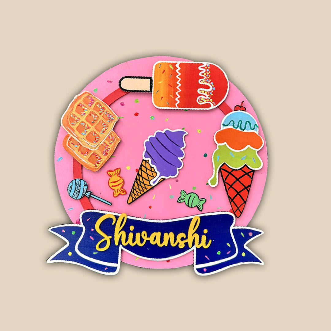Hand Painted Ice Cream Theme Personalised Girls Name Plate - Name Personalization Example Front View
