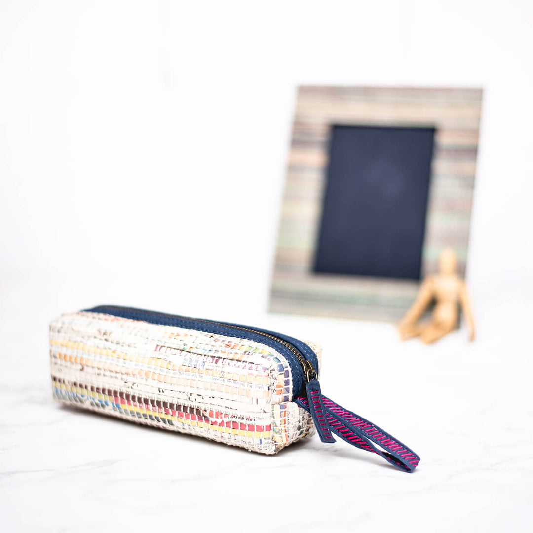 Handwoven Newspaper Pencil Pouch - Blue