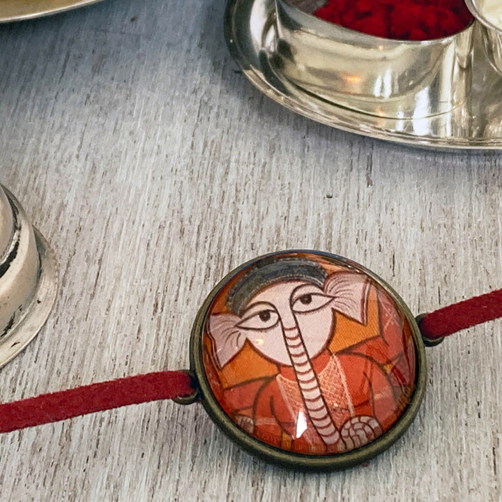 Lord Ganesha Kalighat Pat Folkart Rakhi - Close-up Side Angle