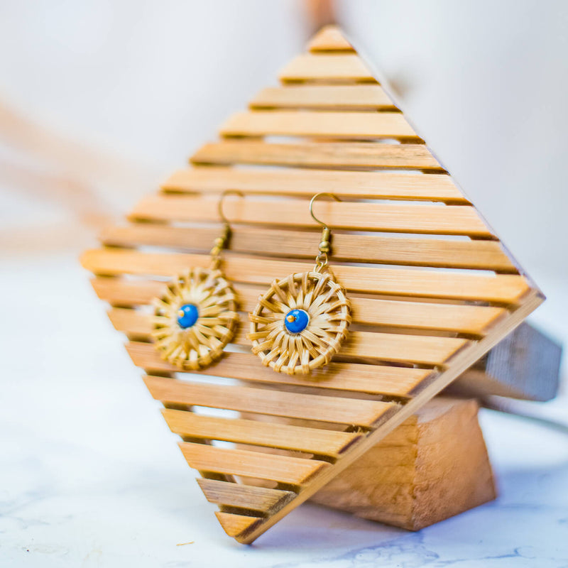 Small Weaved Round Bamboo Earrings - Blue