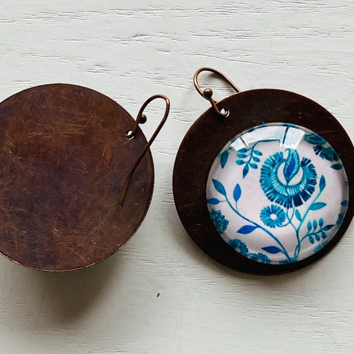 White & Blue Chintz Copper Earrings