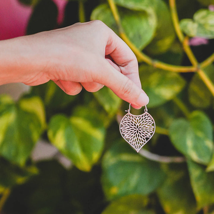 Handmade Brass Modern Hoop Earrings - Leafy Drop Pattern