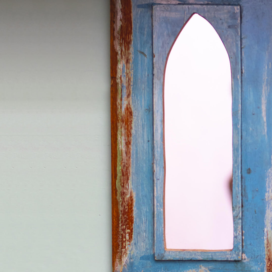 Handpainted Antique Mirror with Vintage Wooden Frame - Blue