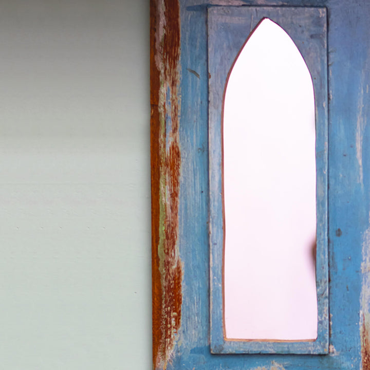 Handpainted Antique Mirror with Vintage Wooden Frame - Blue