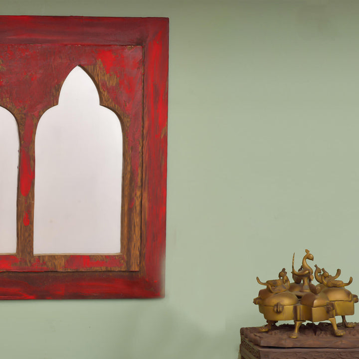 Handpainted Antique Mirror with Vintage Wooden Frame - Red