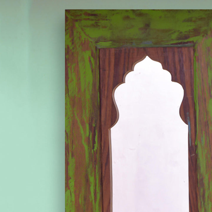 Handpainted Antique Mirror with Vintage Wooden Frame - Parrot Green
