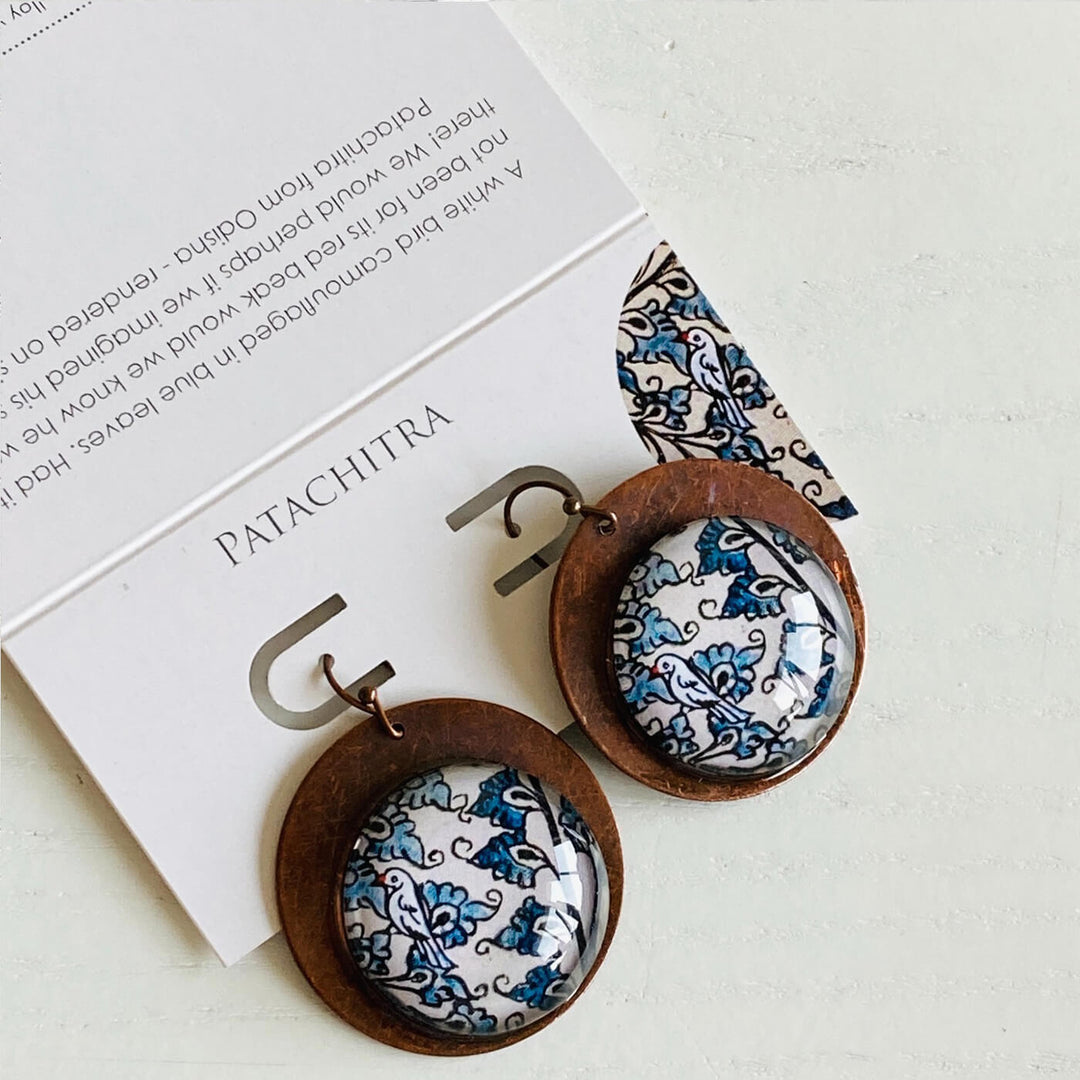 White & Blue Patachitra Bird Copper Earrings