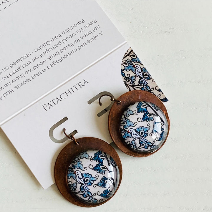 White & Blue Patachitra Bird Copper Earrings