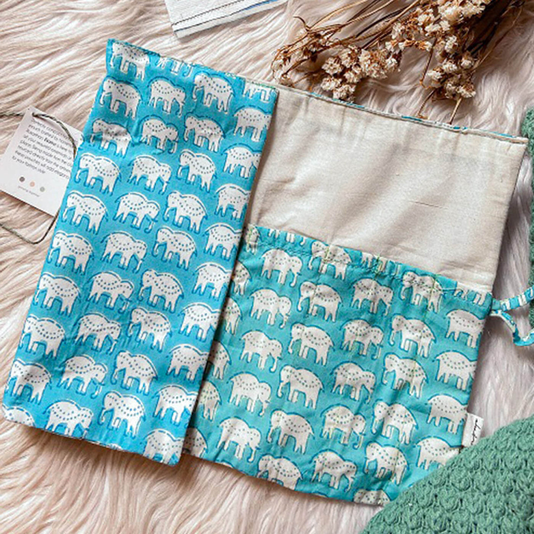 Hand-stitched Cotton Fabric Blue Elephant Roll Up Case