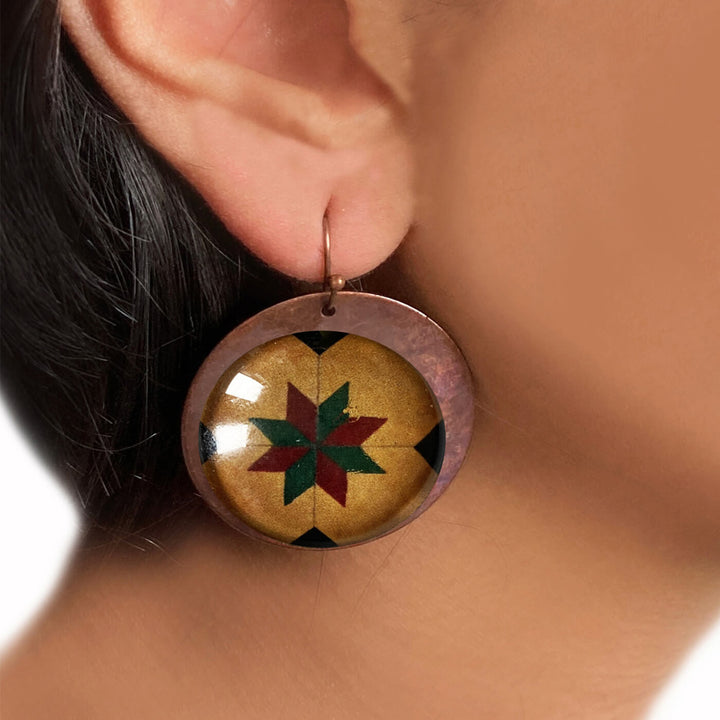 Brown Minton Tile Copper Earrings - Star