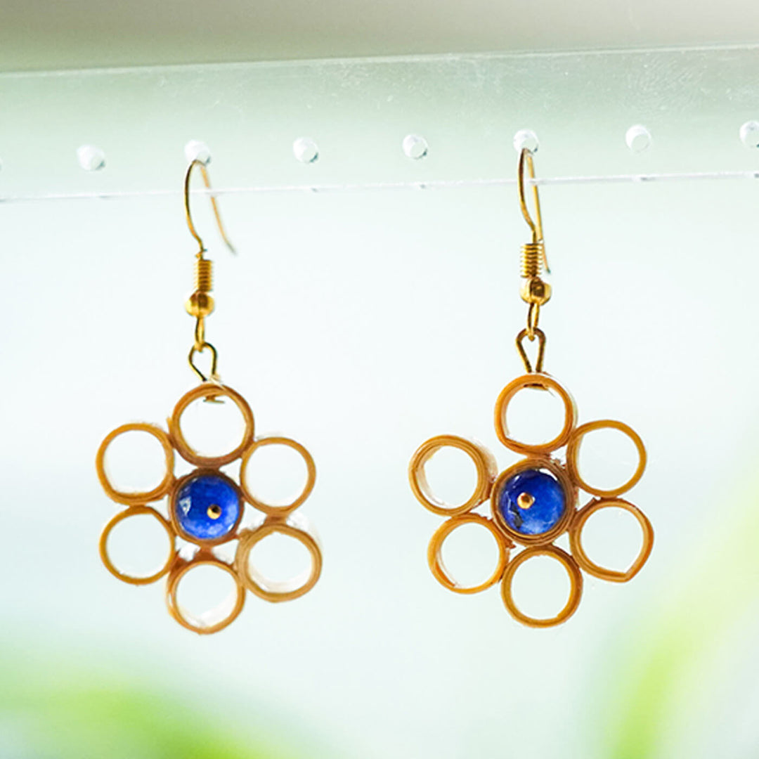 Flower-Shaped Handcrafted Bamboo Earrings with Blue Bead