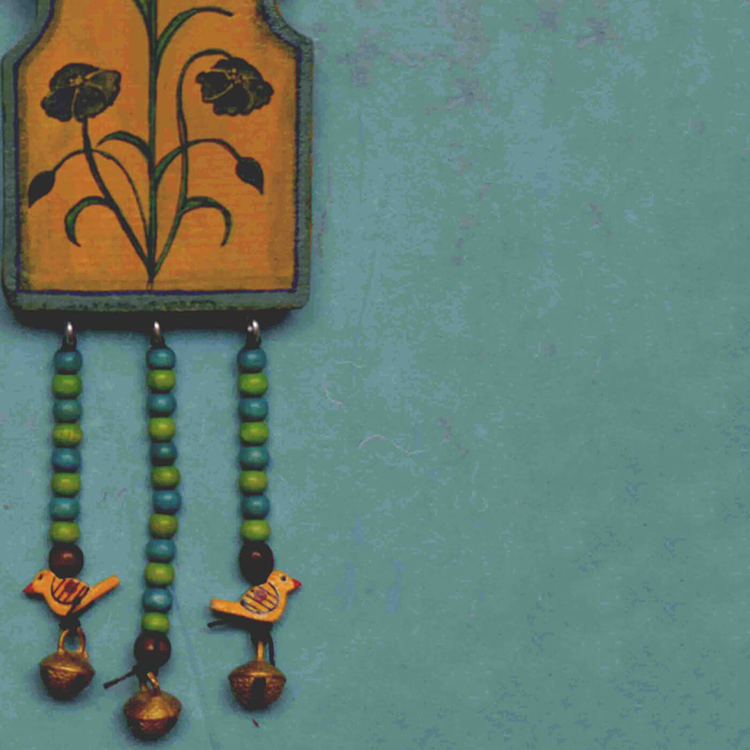 Handpainted Flower Wooden Wall Art with Wooden Beads and Brass Ornament - Blue Yellow