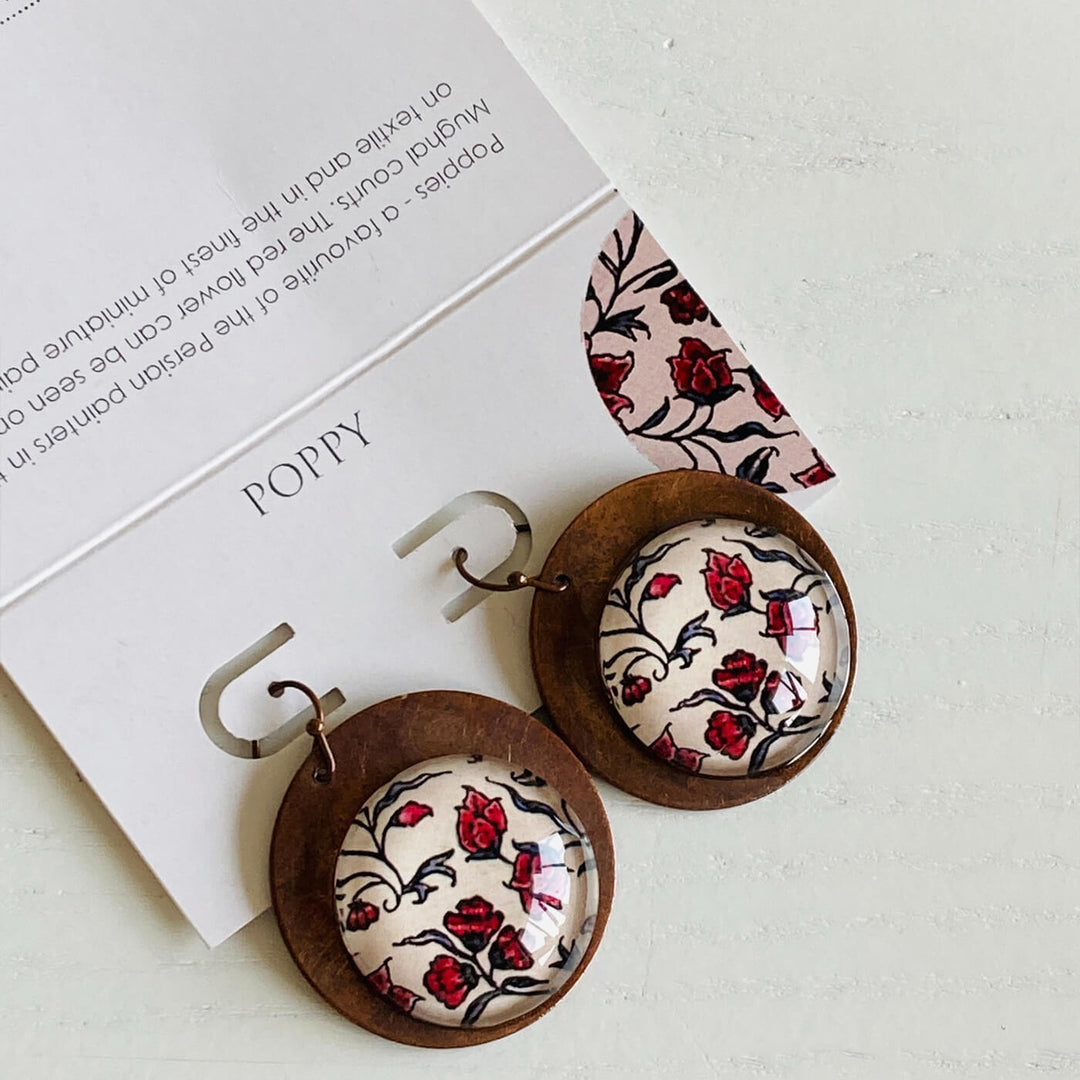 White & Red Poppy Copper Earrings