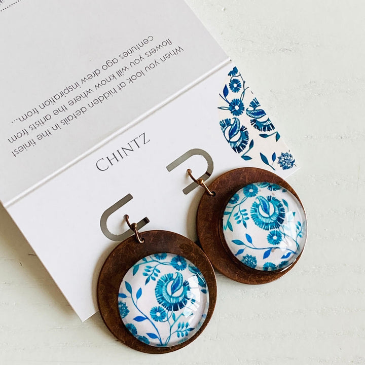 White & Blue Chintz Copper Earrings