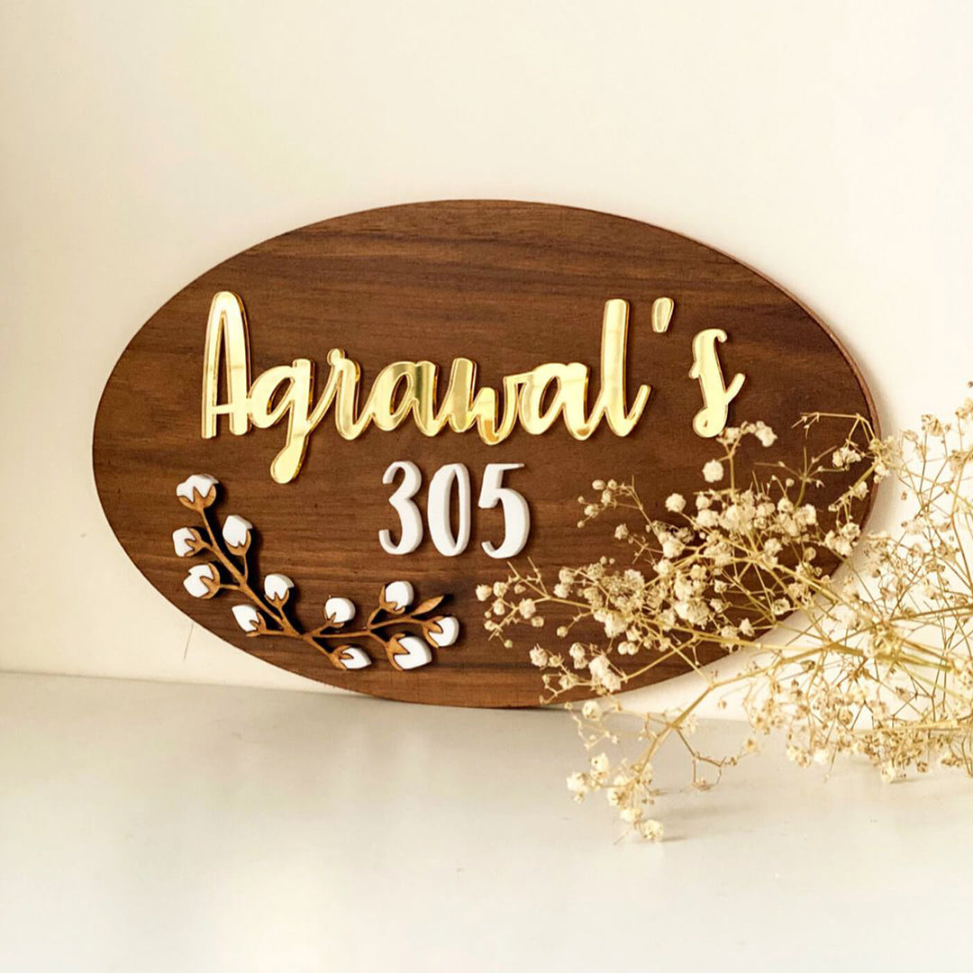 Personalised Wooden Oval Floral Nameplate