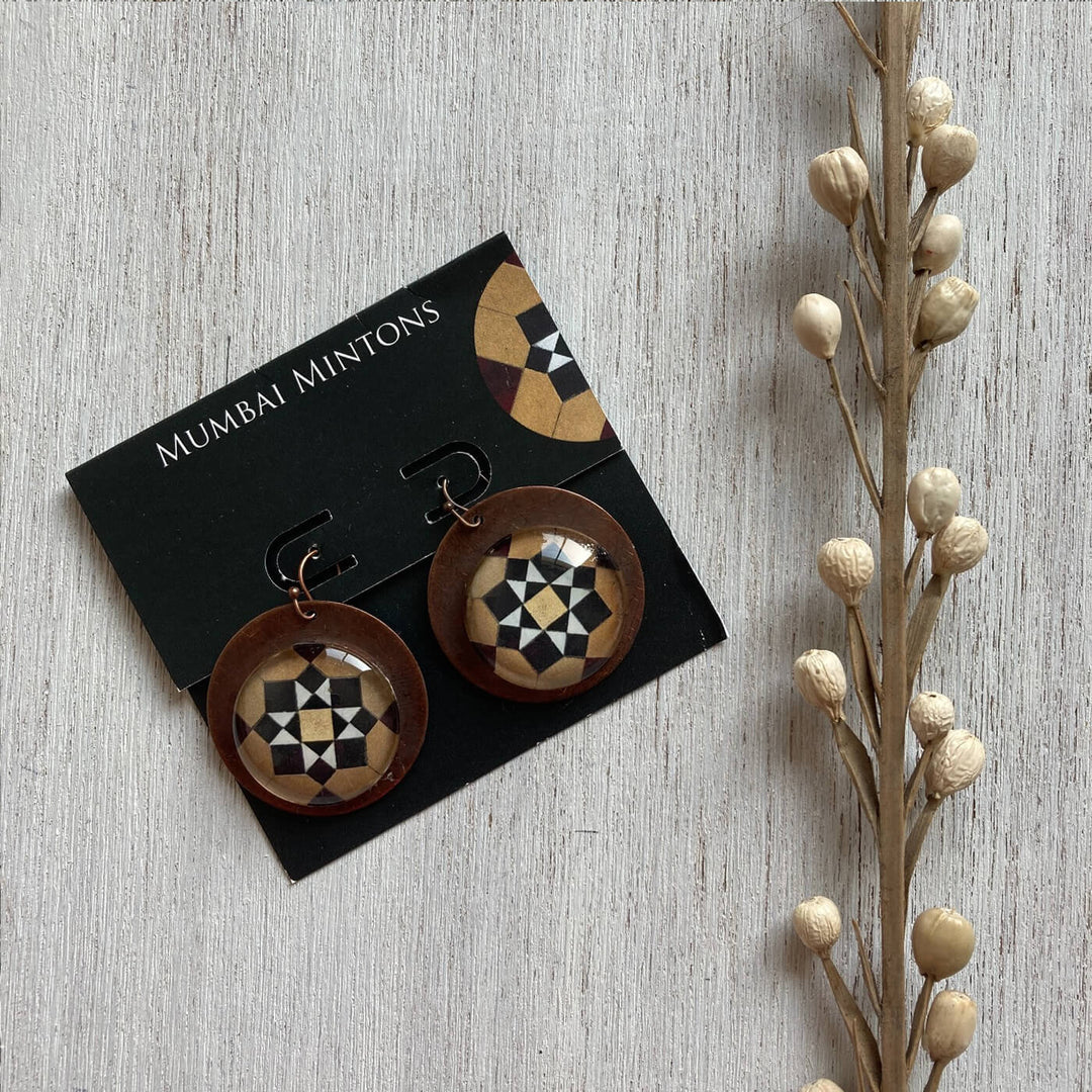 Brown Minton Tile Copper Earrings - Geometeric