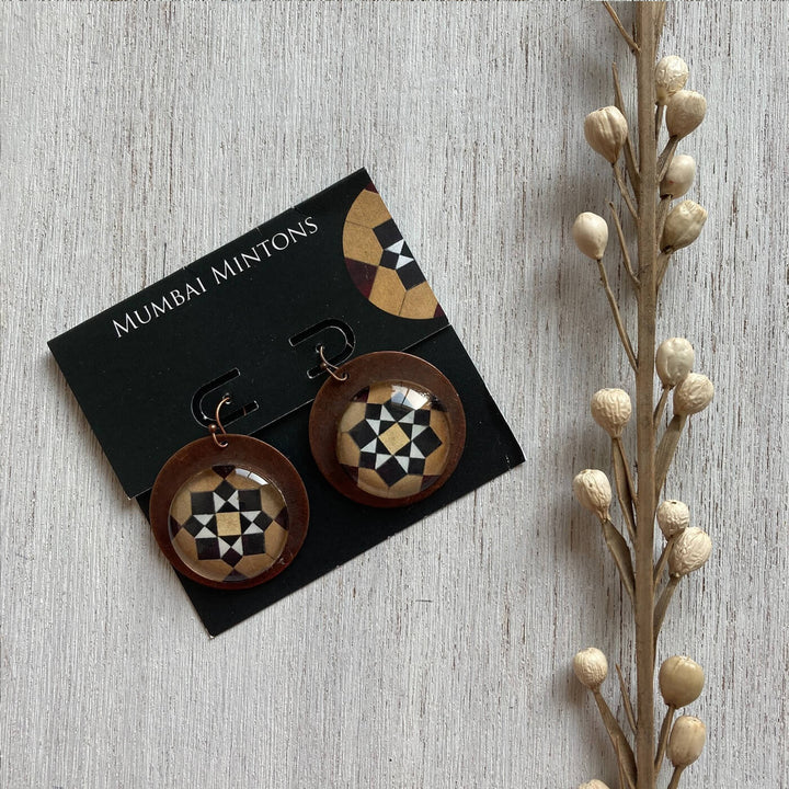 Brown Minton Tile Copper Earrings - Geometeric