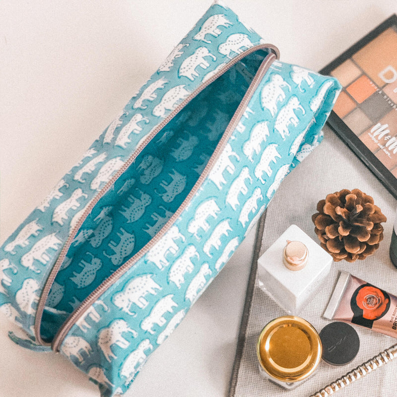 Blue Elephant Motif Travel Makeup Organizer